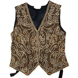 Vintage Cache Beaded Vest in Black and Gold Sz M